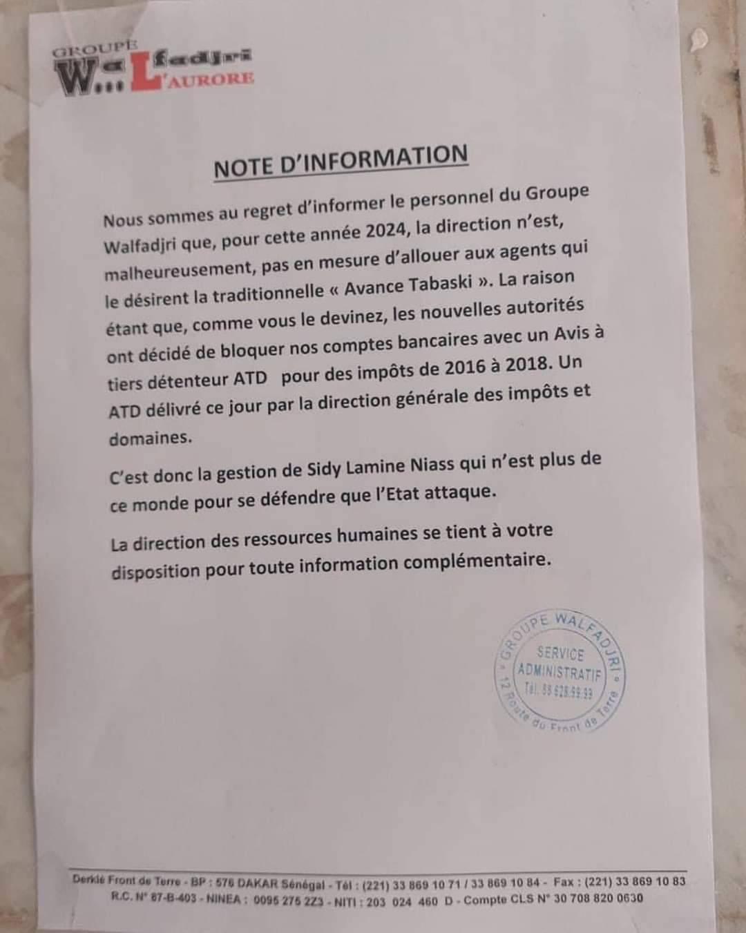 les comptes bancaires du groupe walfadjri avec un Avis à tiers détenteur ATD pour des impôts de 2016 à 2018