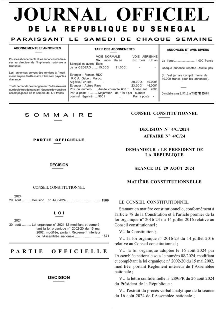 Comme annoncé par le ministre de la Justice, Ousmane Diagne, ce lundi, la loi organique portant modification du règlement intérieur de l’Assemblée nationale a été promulguée par le Président de la République, Bassirou Diomaye Faye. Le texte est d'ailleurs publié au Journal officiel. 

Ce qui veut dire que le Premier ministre n'a plus d'excuses pour faire sa déclaration de politique générale. 